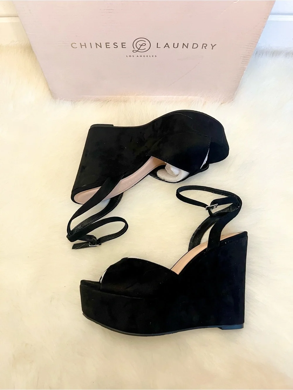 Chinese Laundry Ellia Black Suede Wedge Sandals with Ankle Strap